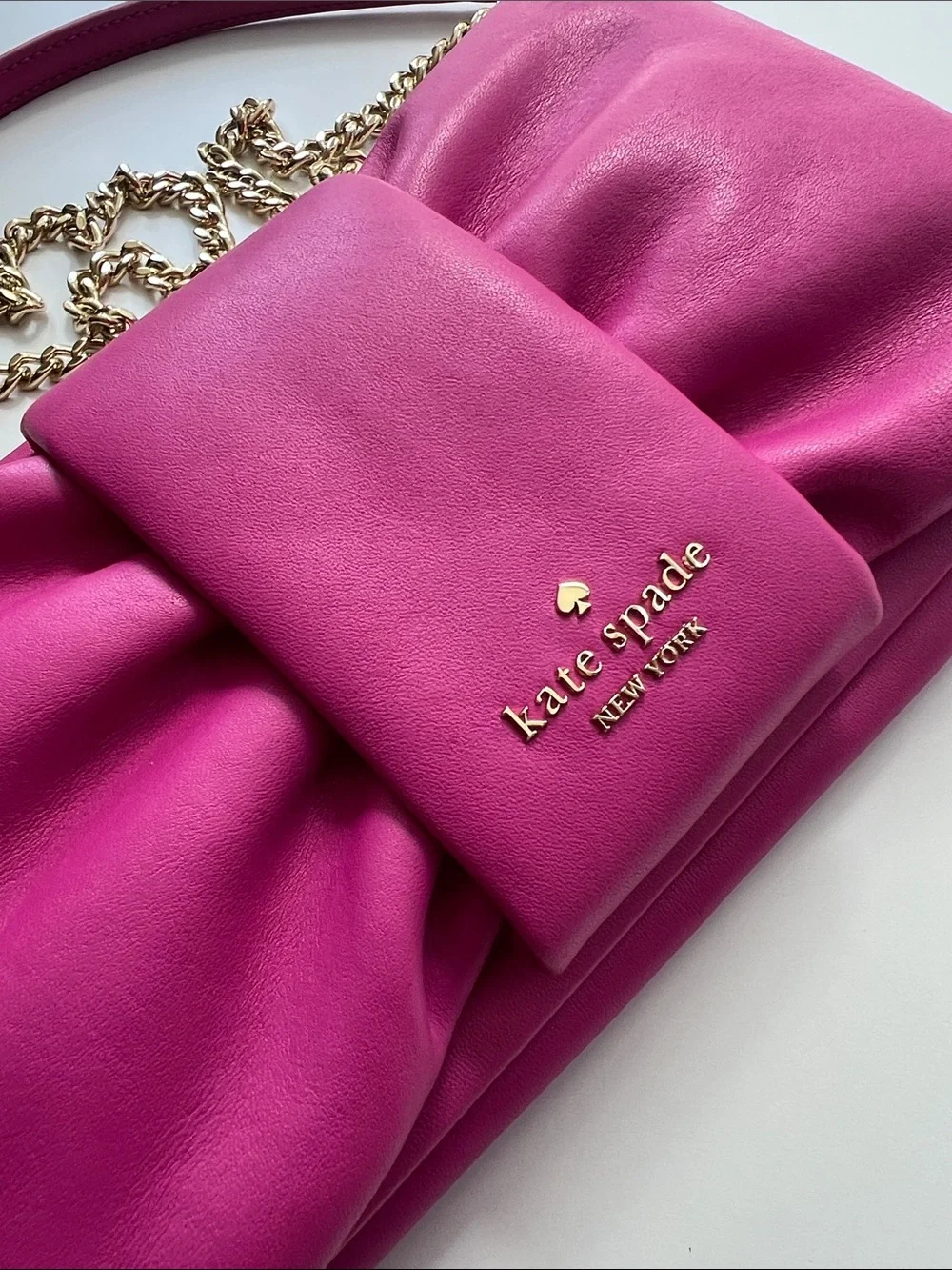 kate spade Hot Pink Leather Bow Clutch with Gold Chain • 8x5 inch
